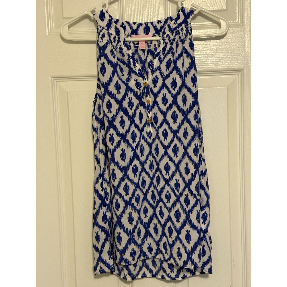 Lilly Pulitzer Bailey 100% Silk Top Blouse Tank Iris Blue Ikat Little Fish Sz XS